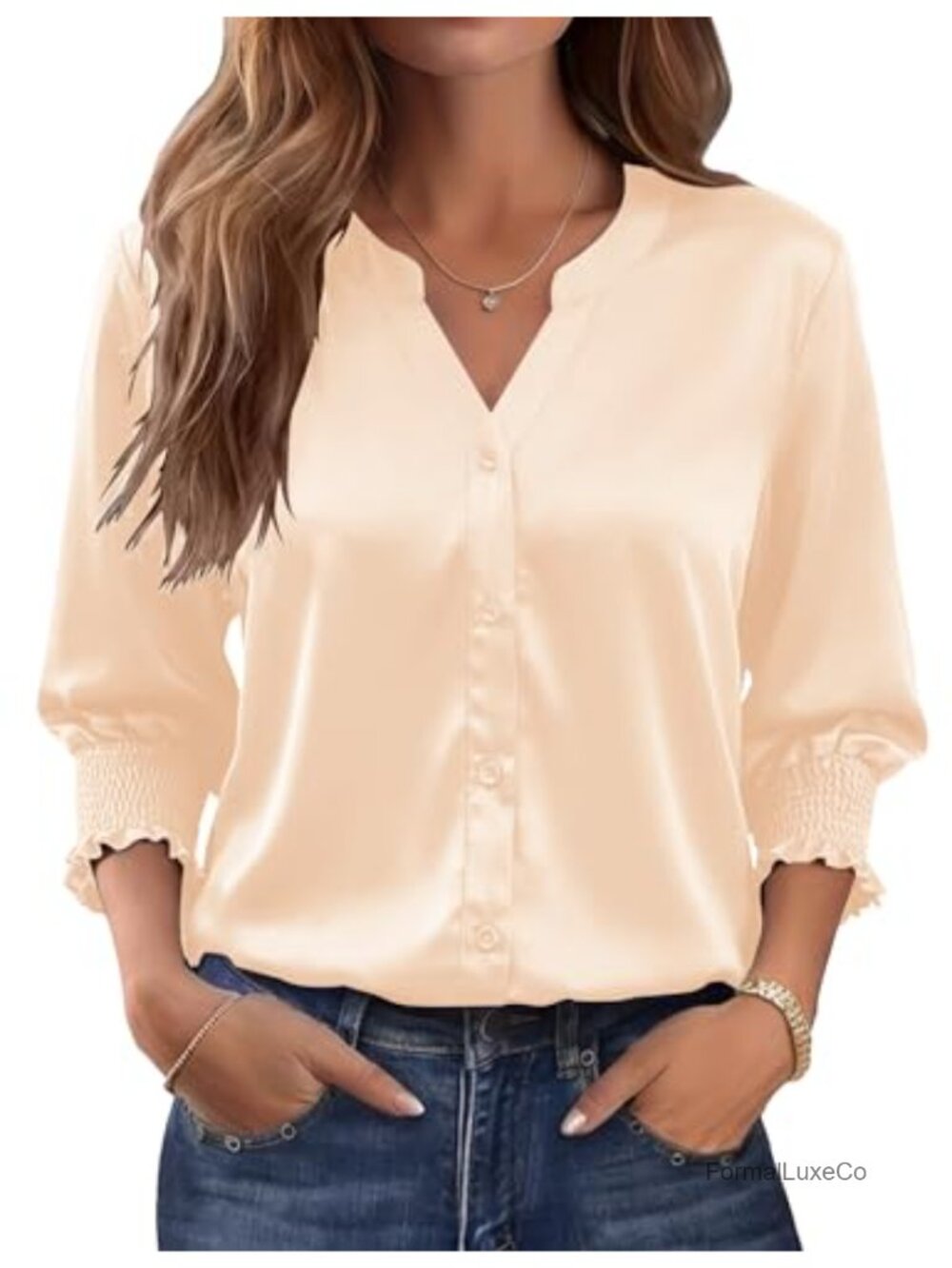 Women's Satin Button Down Blouse 3/4 Smocked Sleeve V-Neck Business Casual Top